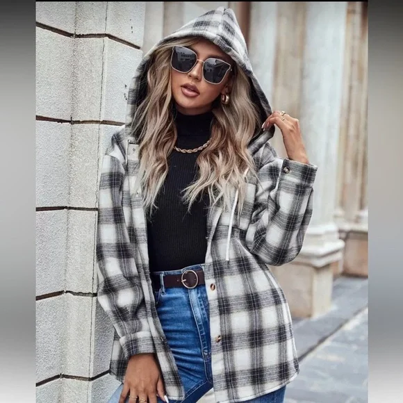SHEIN Plaid Button-Up Jacket with Hood - Picture 3 of 8